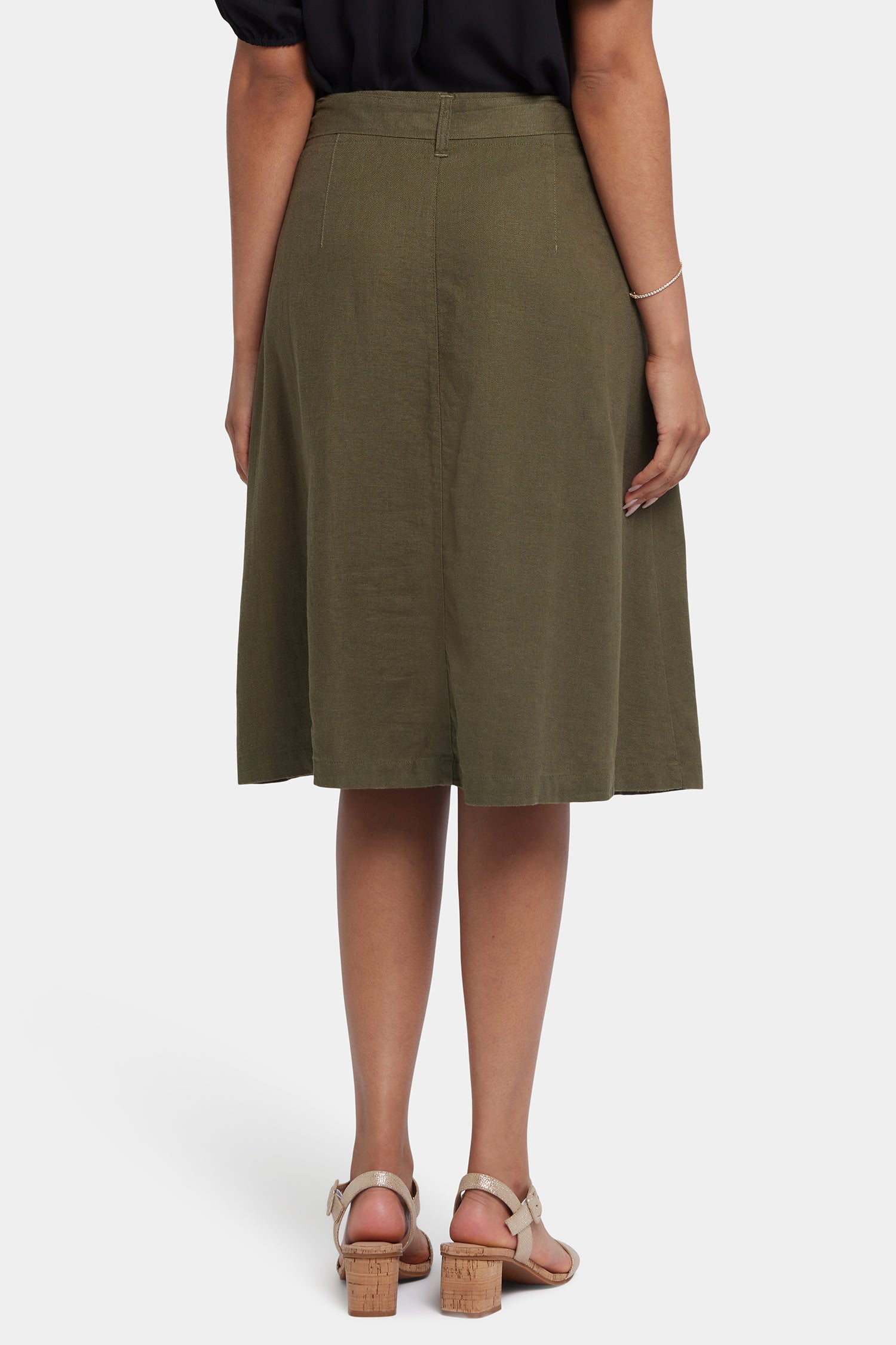 Button Front Midi Skirt In Stretch Linen With Waist Tie