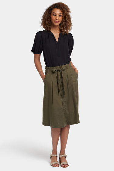 NYDJ Button Front Midi Skirt In Stretch Linen With Waist Tie - Bay Leaf