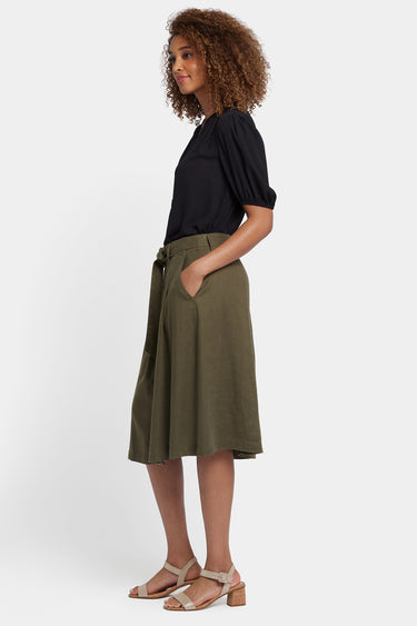 NYDJ Button Front Midi Skirt In Stretch Linen With Waist Tie - Bay Leaf