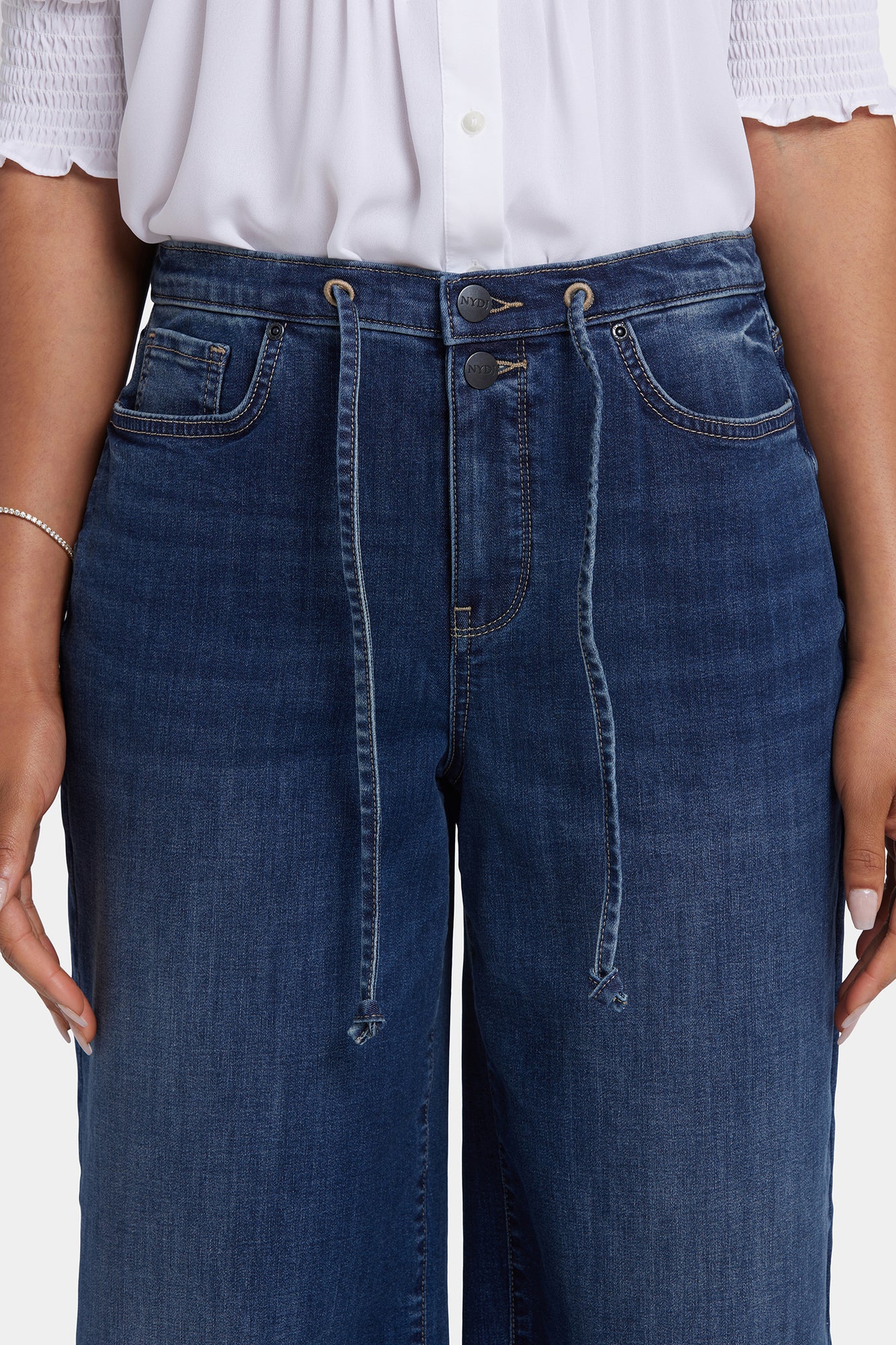 NYDJ Cindi Relaxed Wide Leg Ankle Jeans In Cool Embrace® Denim With Drawstring Waist And Frayed Hems - Rio Rapids