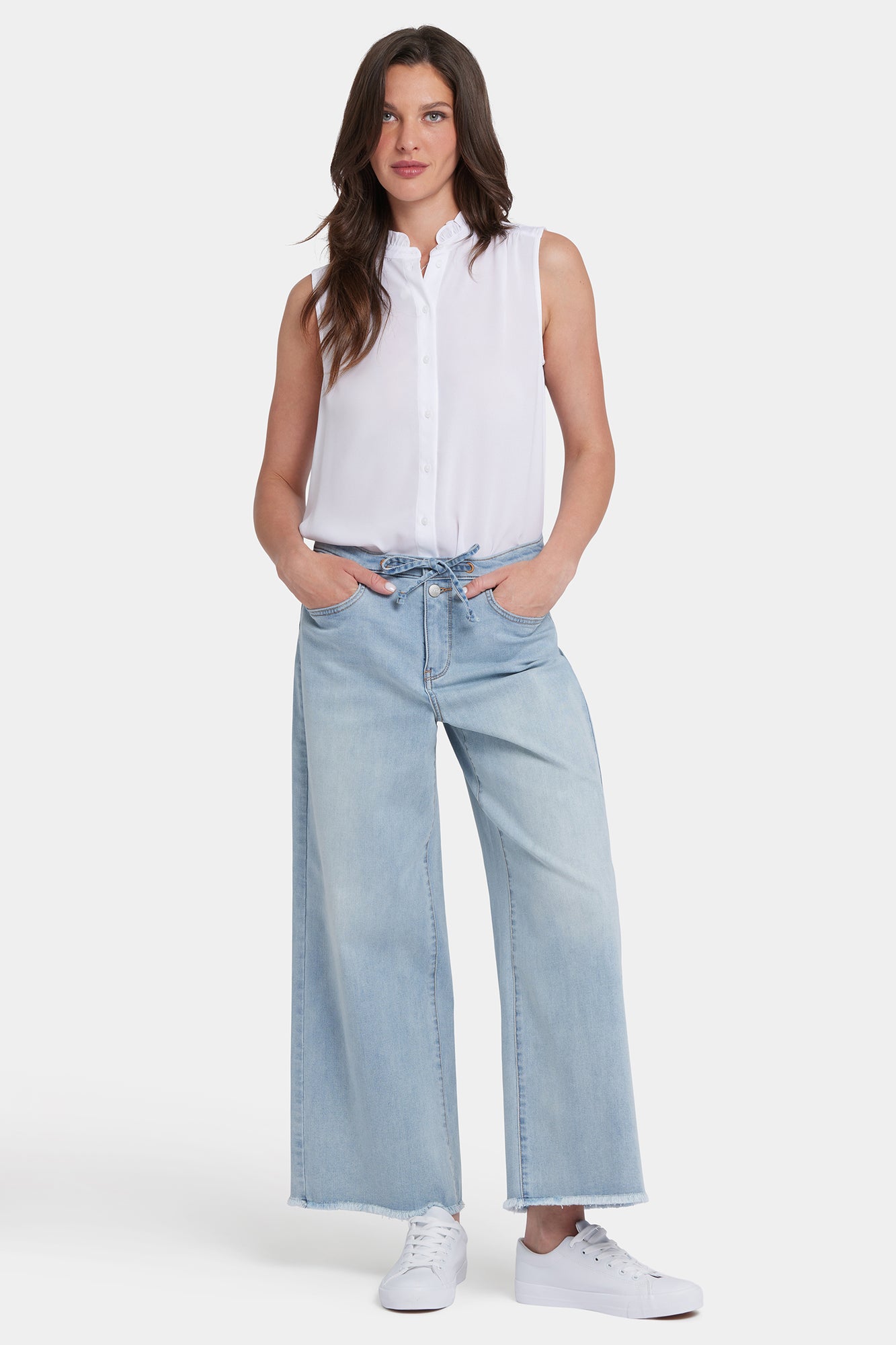 NYDJ Cindi Relaxed Wide Leg Ankle Jeans In Cool Embrace® Denim With Drawstring Waist And Frayed Hems - Santiago Sea