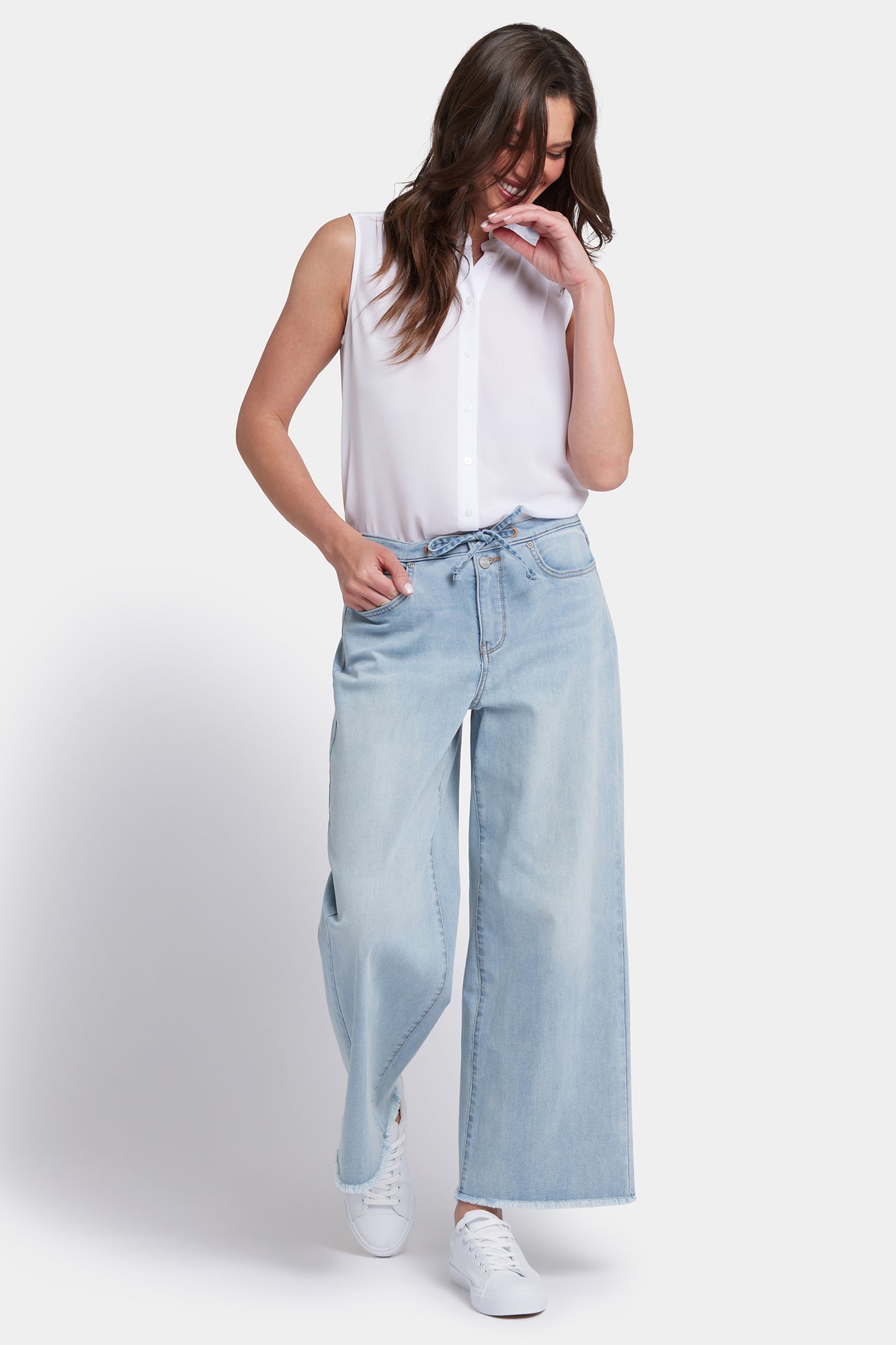 NYDJ Cindi Relaxed Wide Leg Ankle Jeans In Cool Embrace® Denim With Drawstring Waist And Frayed Hems - Santiago Sea