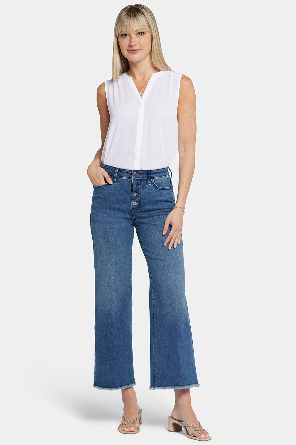 Teresa Wide Leg Ankle Jeans With High Rise And Frayed Hems - Mission Blue  Blue | NYDJ