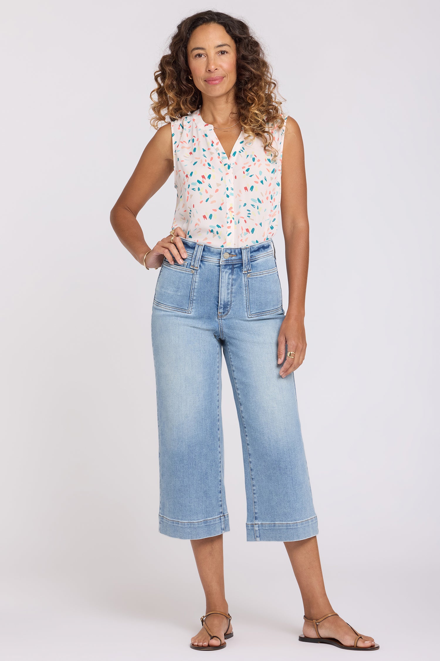 Brigitte Wide Leg Capri Jeans With High Rise And Front Patch
