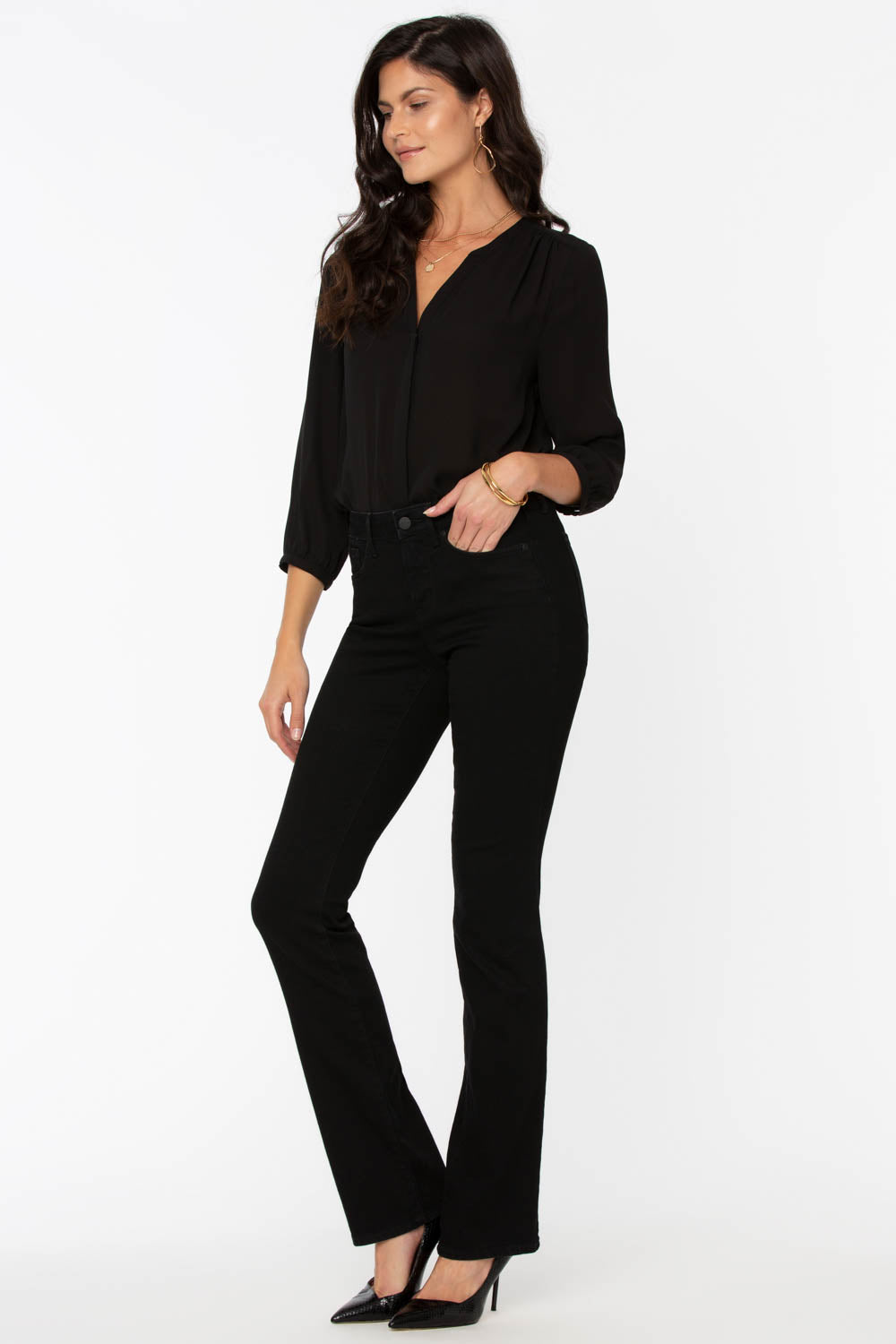 Women Vintage 90s Black Trousers, High Waist Kick Flare Boot