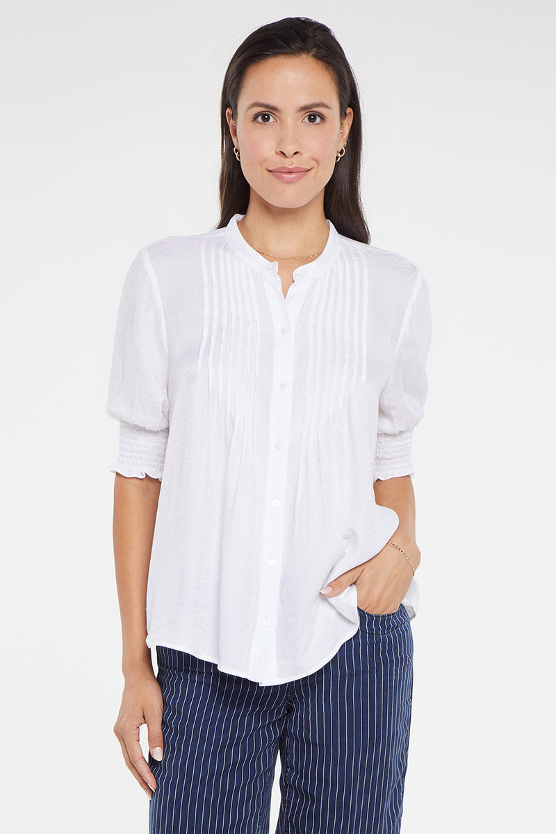 NYDJ Pleated Short Sleeved Blouse  - Optic White