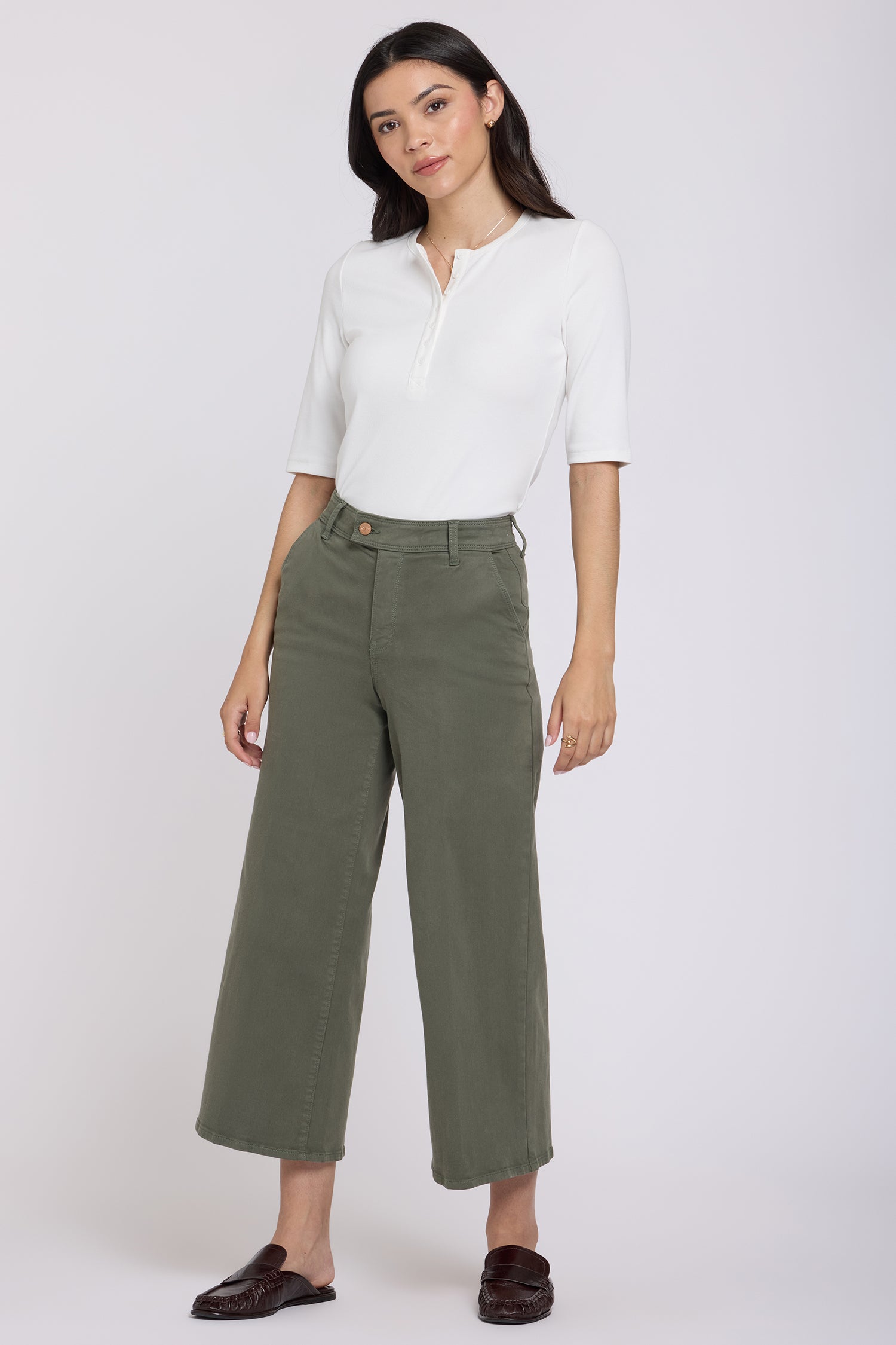 Mona Wide Leg Trouser Ankle Jeans With High Rise - Desert Green