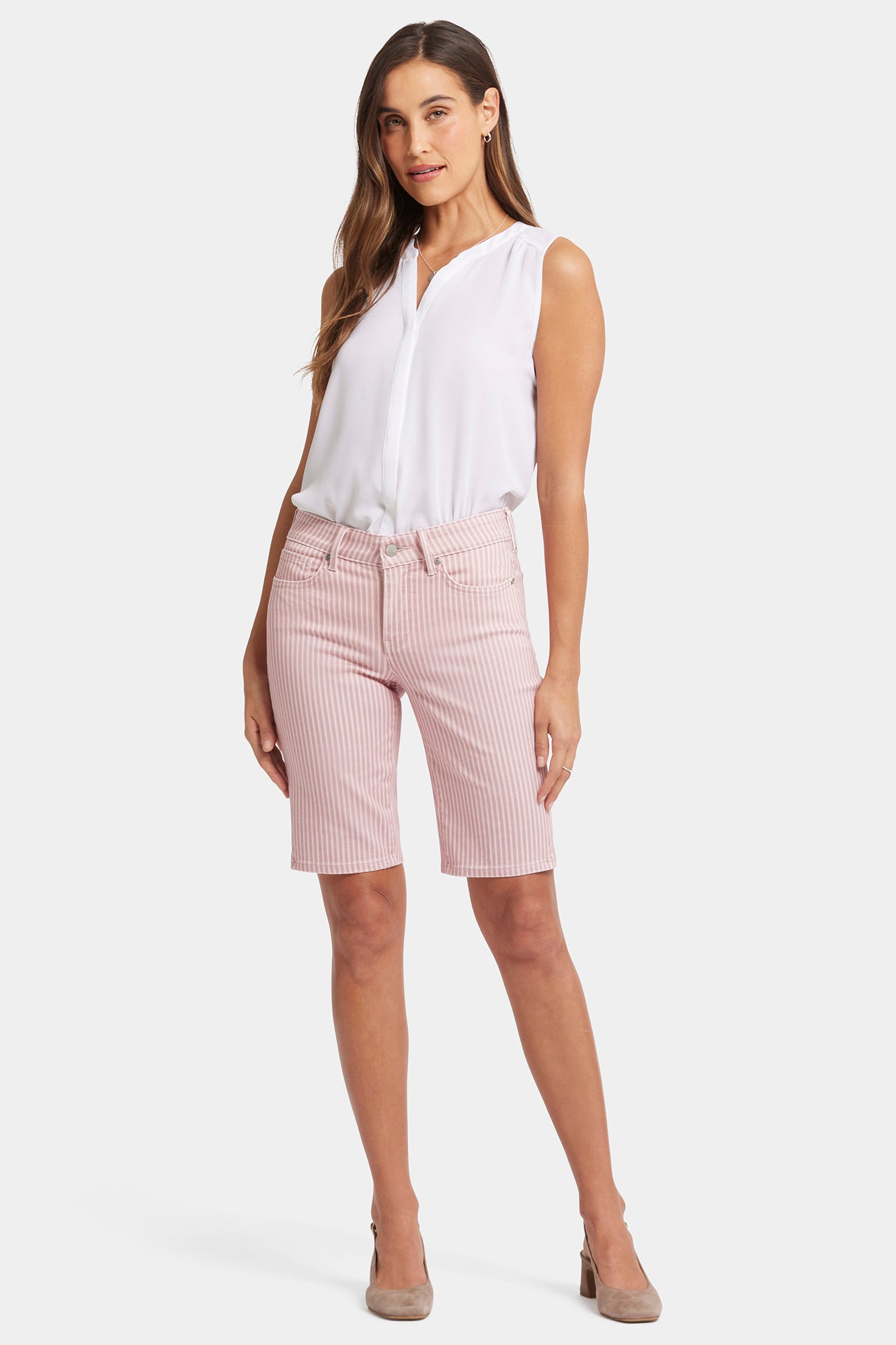 NYDJ Briella 11 Inch Denim Shorts With Side Slits - Pink Frost Stripe