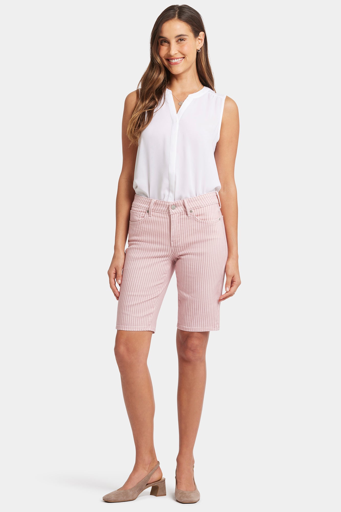 NYDJ Briella 11 Inch Denim Shorts With Side Slits - Pink Frost Stripe