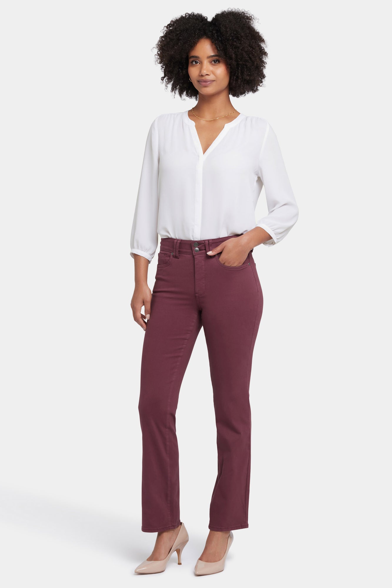 NYDJ Marilyn Straight Jeans With High Rise And Wide Waistband - Dark Cherry