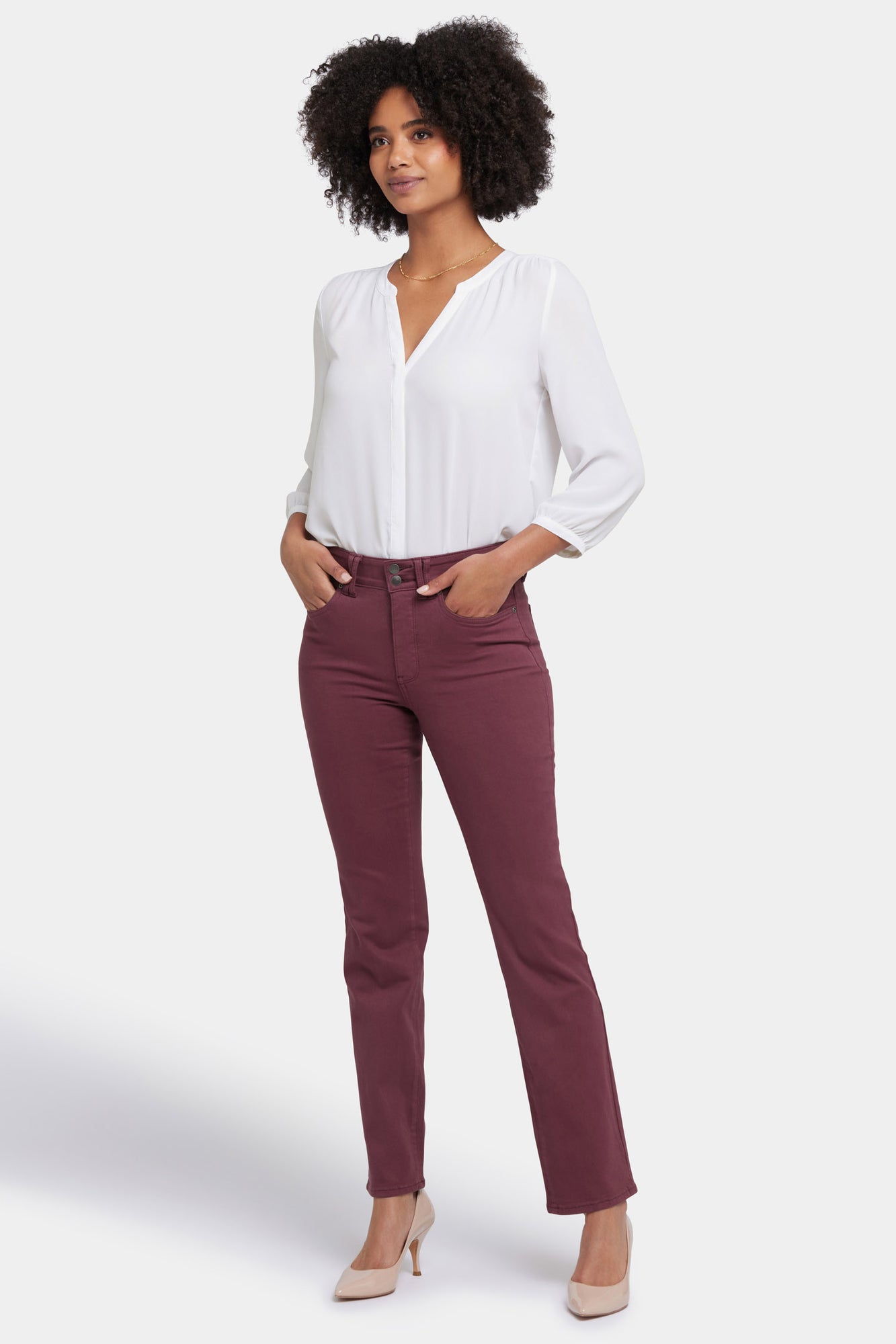 NYDJ Marilyn Straight Jeans With High Rise And Wide Waistband - Dark Cherry