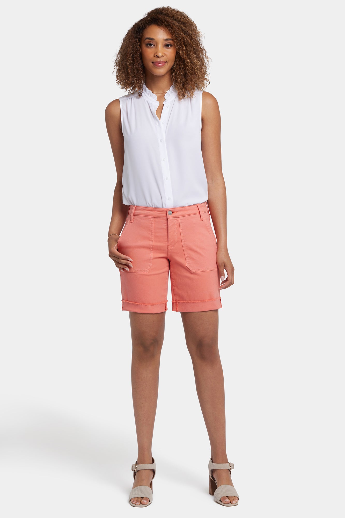 NYDJ Diana Relaxed Denim Shorts With Utility Pockets And Frayed Cuffs - Coral Haze