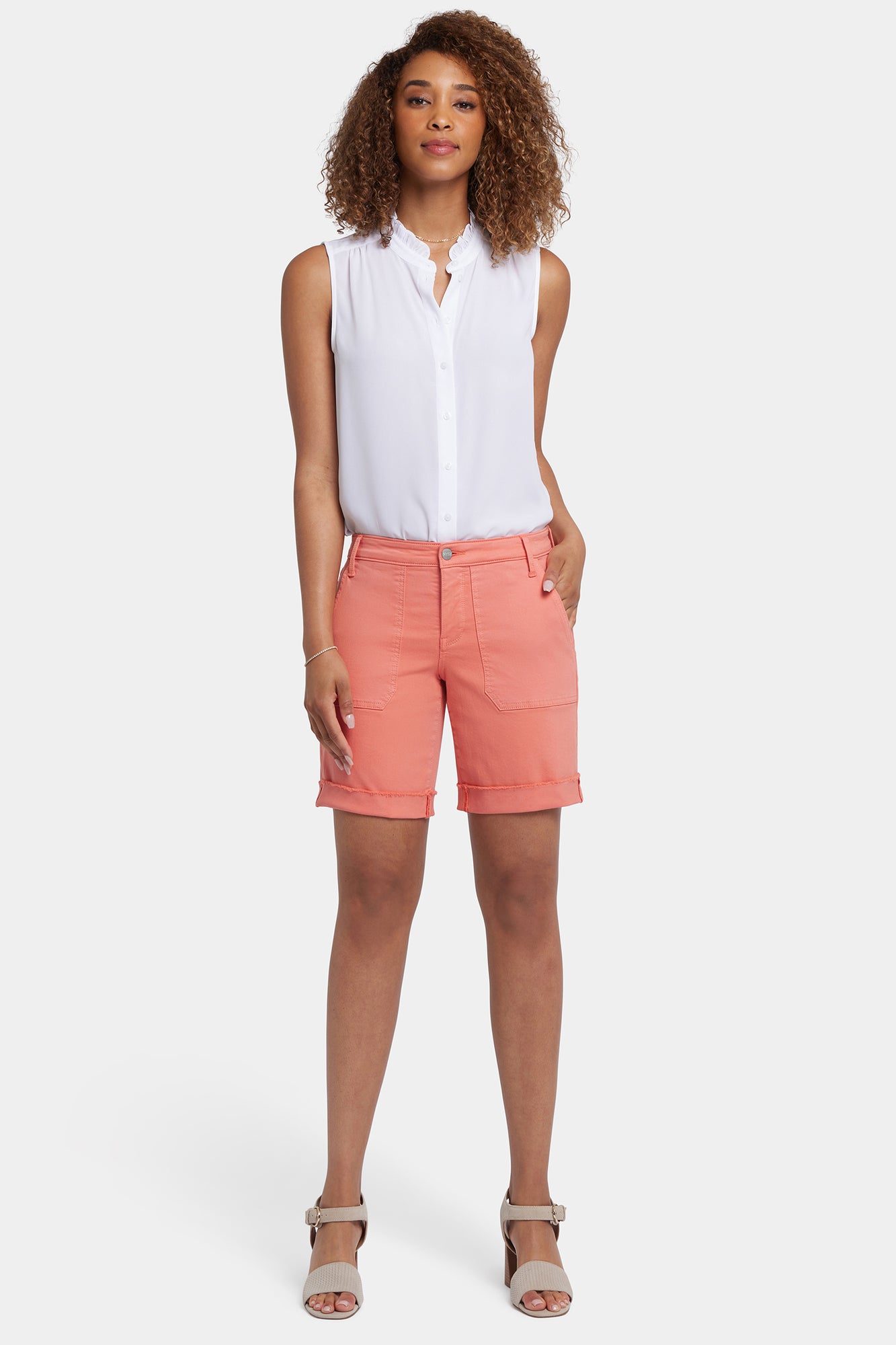 NYDJ Diana Relaxed Denim Shorts With Utility Pockets And Frayed Cuffs - Coral Haze