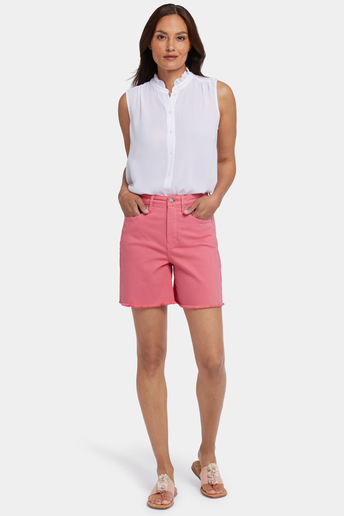 NYDJ Berkyn Relaxed Denim Shorts With Super High Rise And Frayed Hems - Spiced Coral