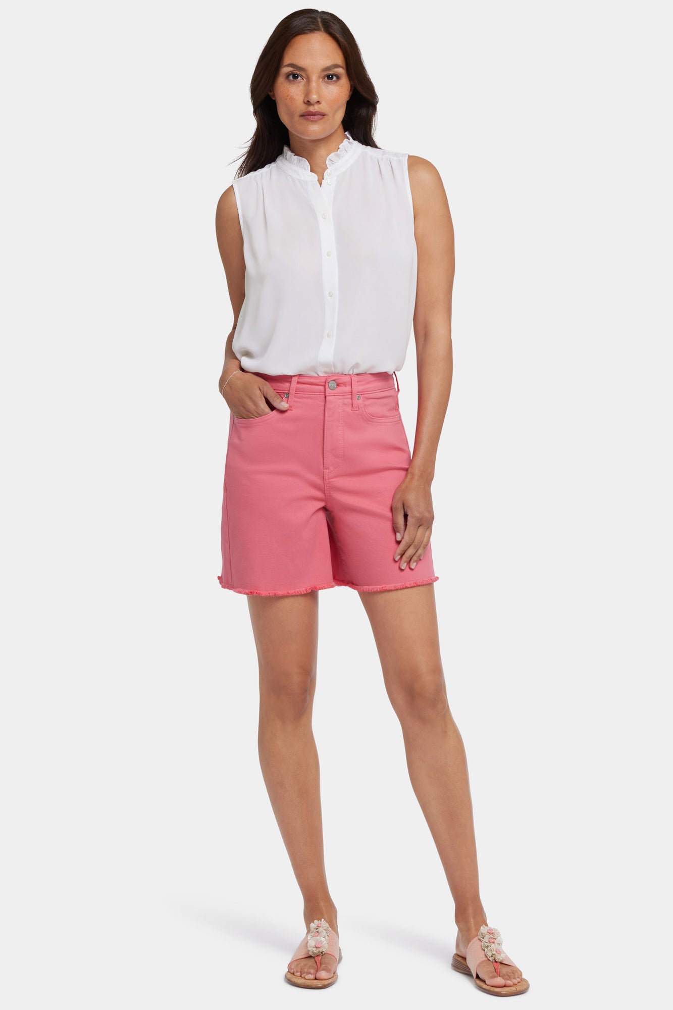 NYDJ Berkyn Relaxed Denim Shorts With Super High Rise And Frayed Hems - Spiced Coral