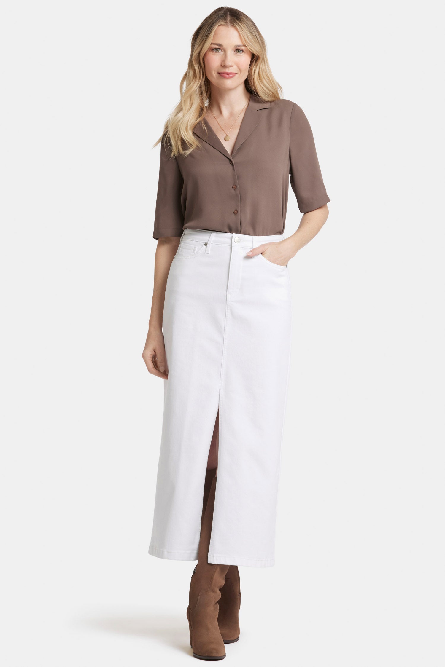 High Rise Long Skirt With Center Front Slit - Optic White White | NYDJ