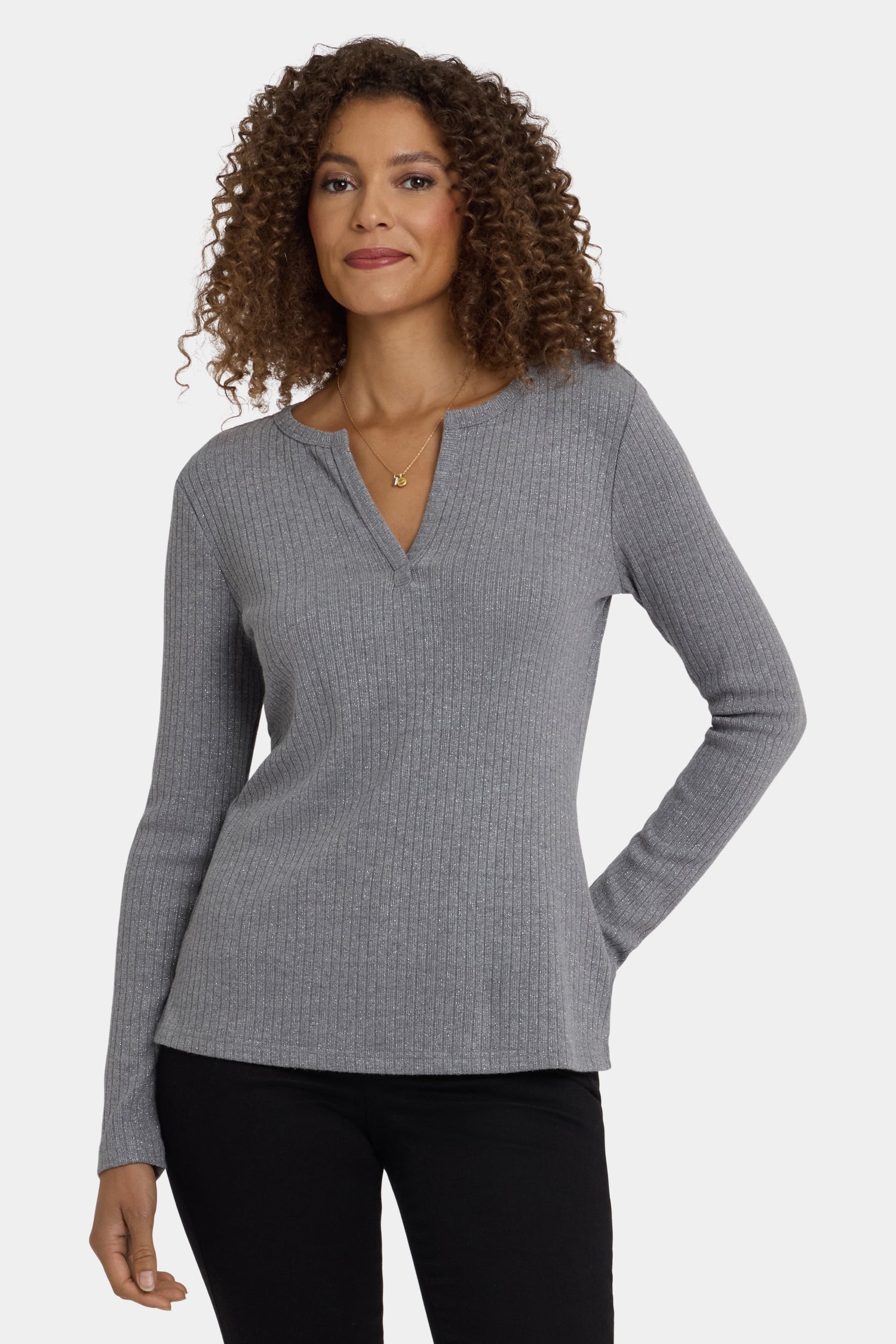 トップス yilon RIB ENSEMBLE BUTTON TOPS GRAY Shimmer Rib Knit Henley Top - Heather Grey Grey | NYDJ