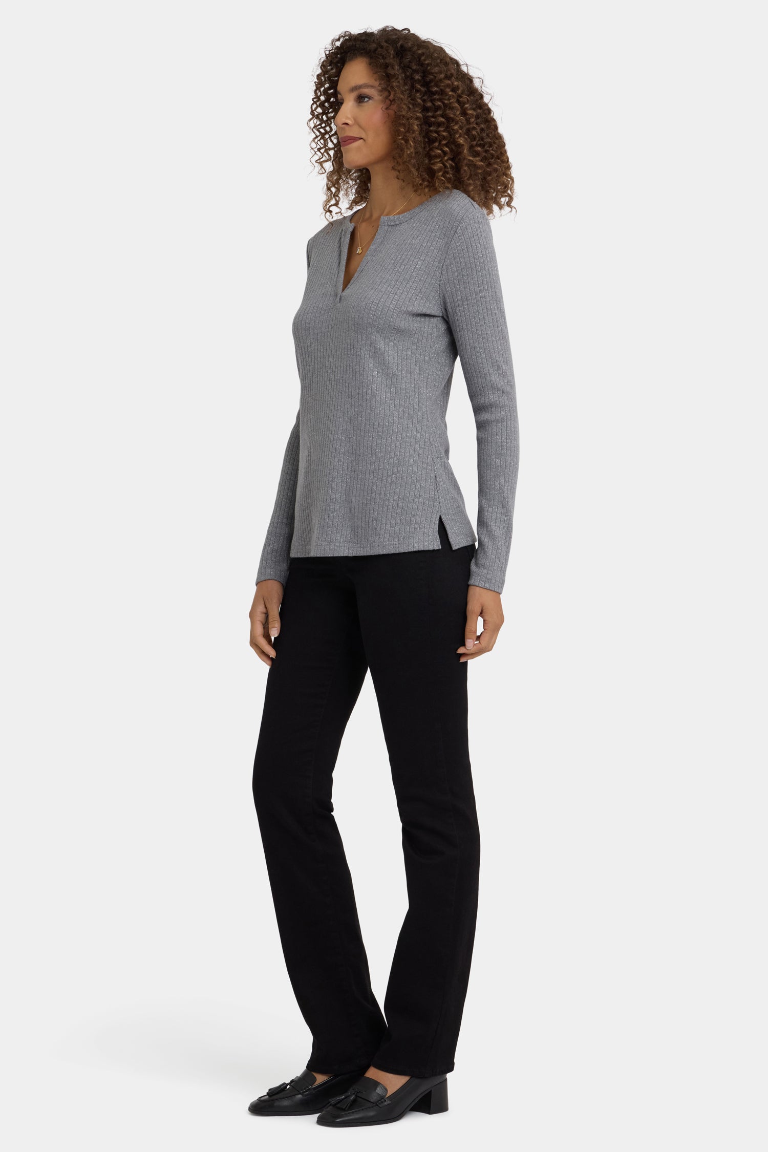 Shimmer Rib Knit Henley Top - Heather Grey Grey | NYDJ