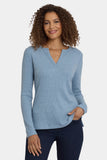 NYDJ Shimmer Rib Knit Henley Top  - Light Heather Blue