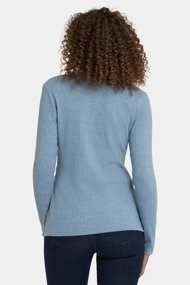 NYDJ Shimmer Rib Knit Henley Top  - Light Heather Blue