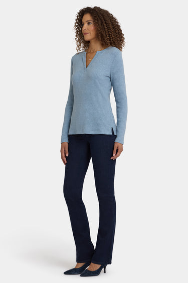 NYDJ Shimmer Rib Knit Henley Top  - Light Heather Blue