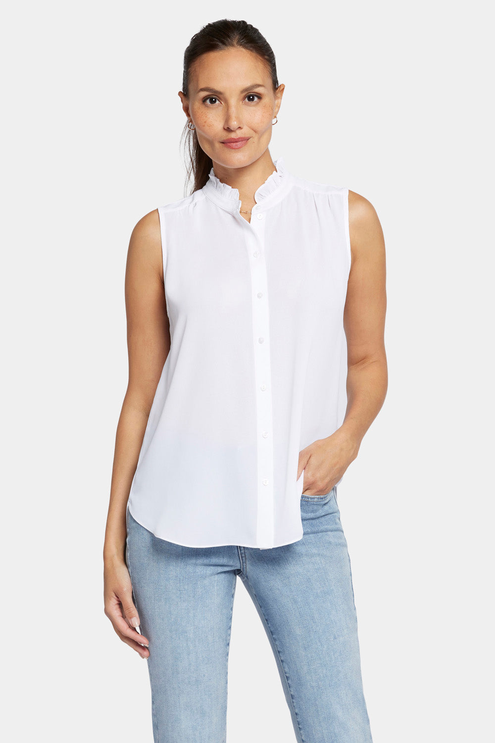 NYDJ Sleeveless Ruffle Neck Blouse - Optic White