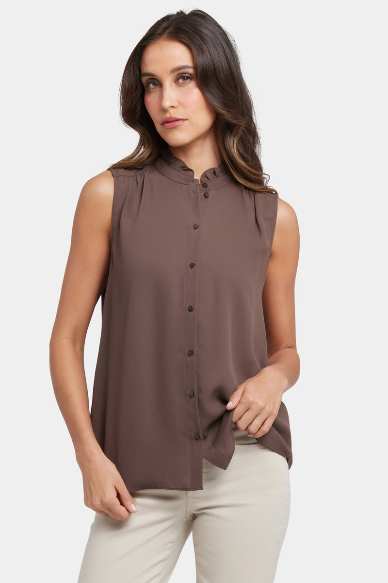 NYDJ Sleeveless Ruffle Neck Blouse - Coffee Bean