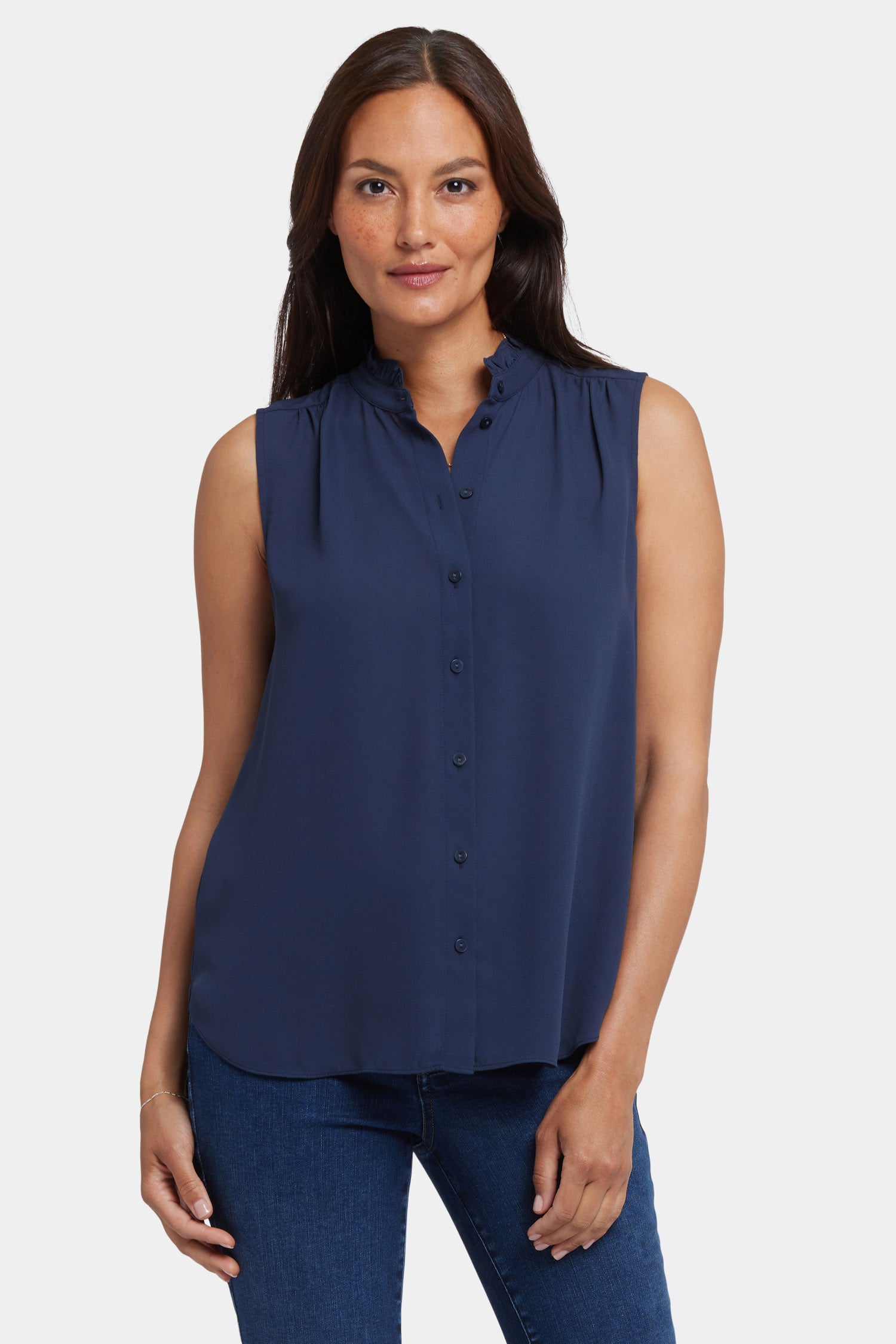 タイムセール 探し方 Navy Oxford - Blouse Neck Ruffle Sleeveless Solid NYDJ | Colors トップス
