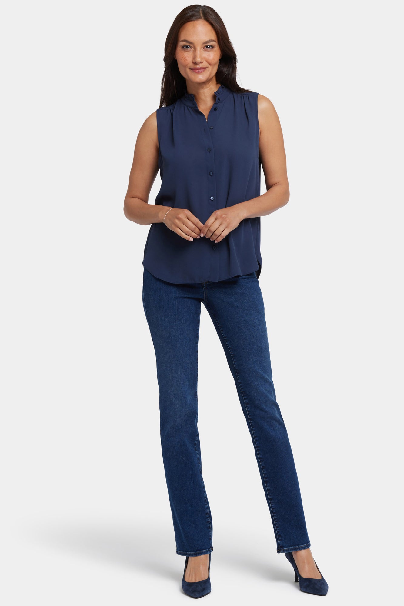 NYDJ Sleeveless Ruffle Neck Blouse - Oxford Navy
