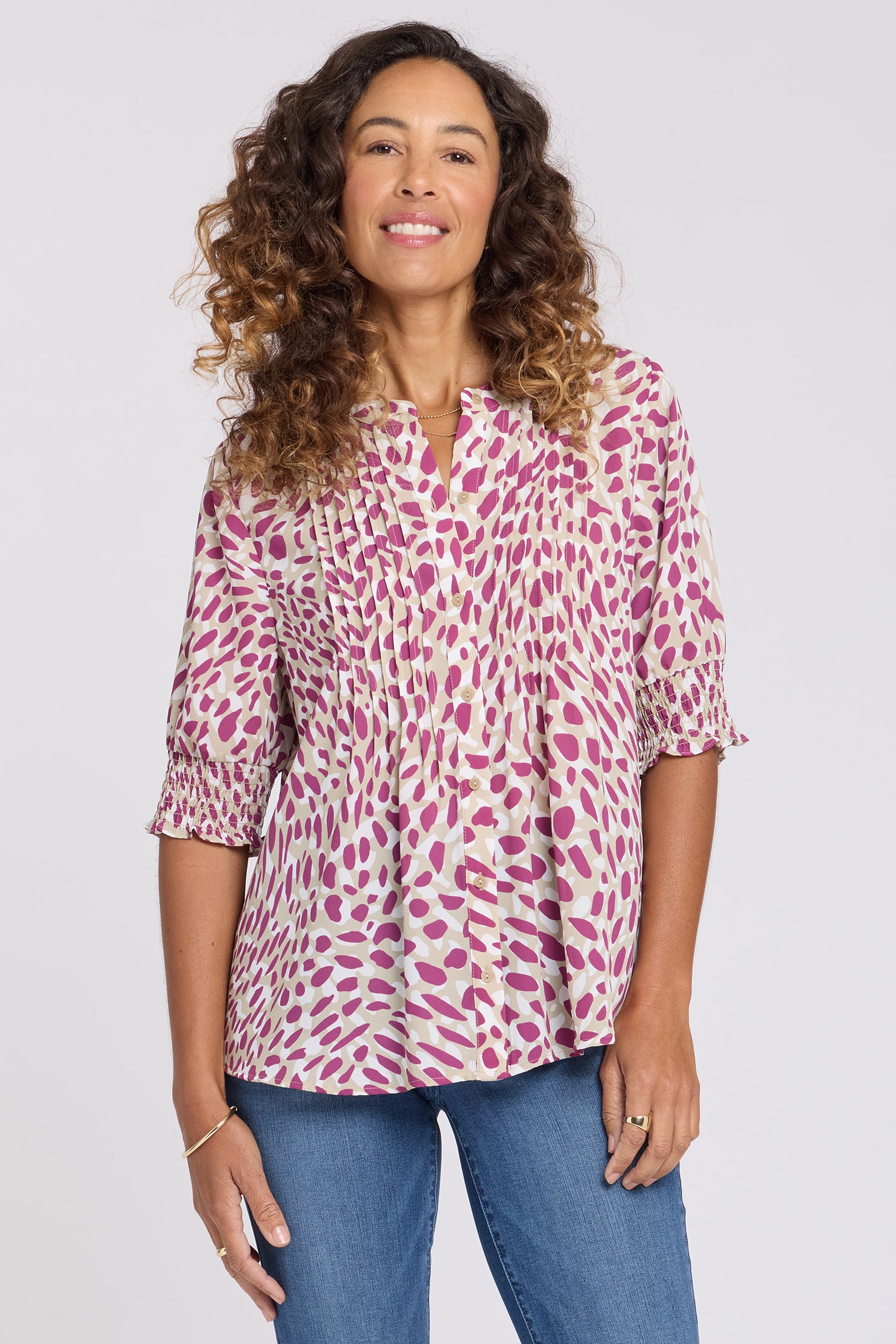 Pleated Short Sleeved Blouse - Sandcastles Pink | NYDJ