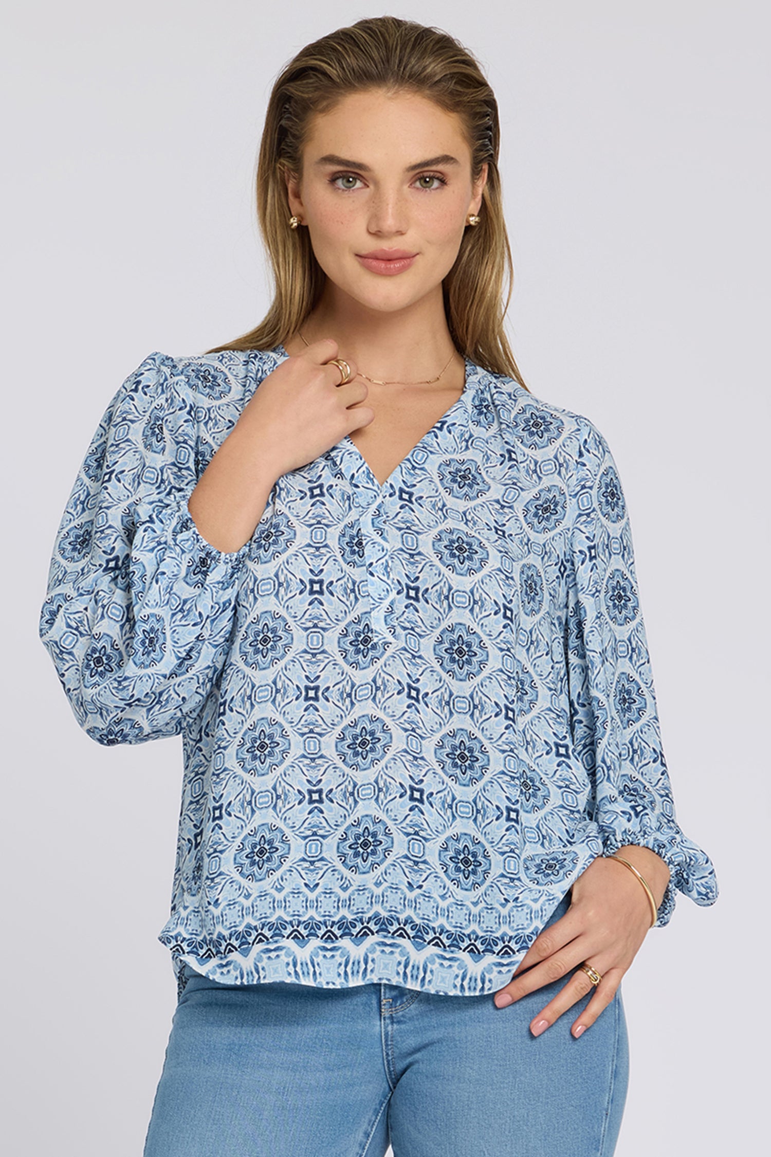 Puff Sleeved Popover Top - Azure Sky Multi | NYDJ