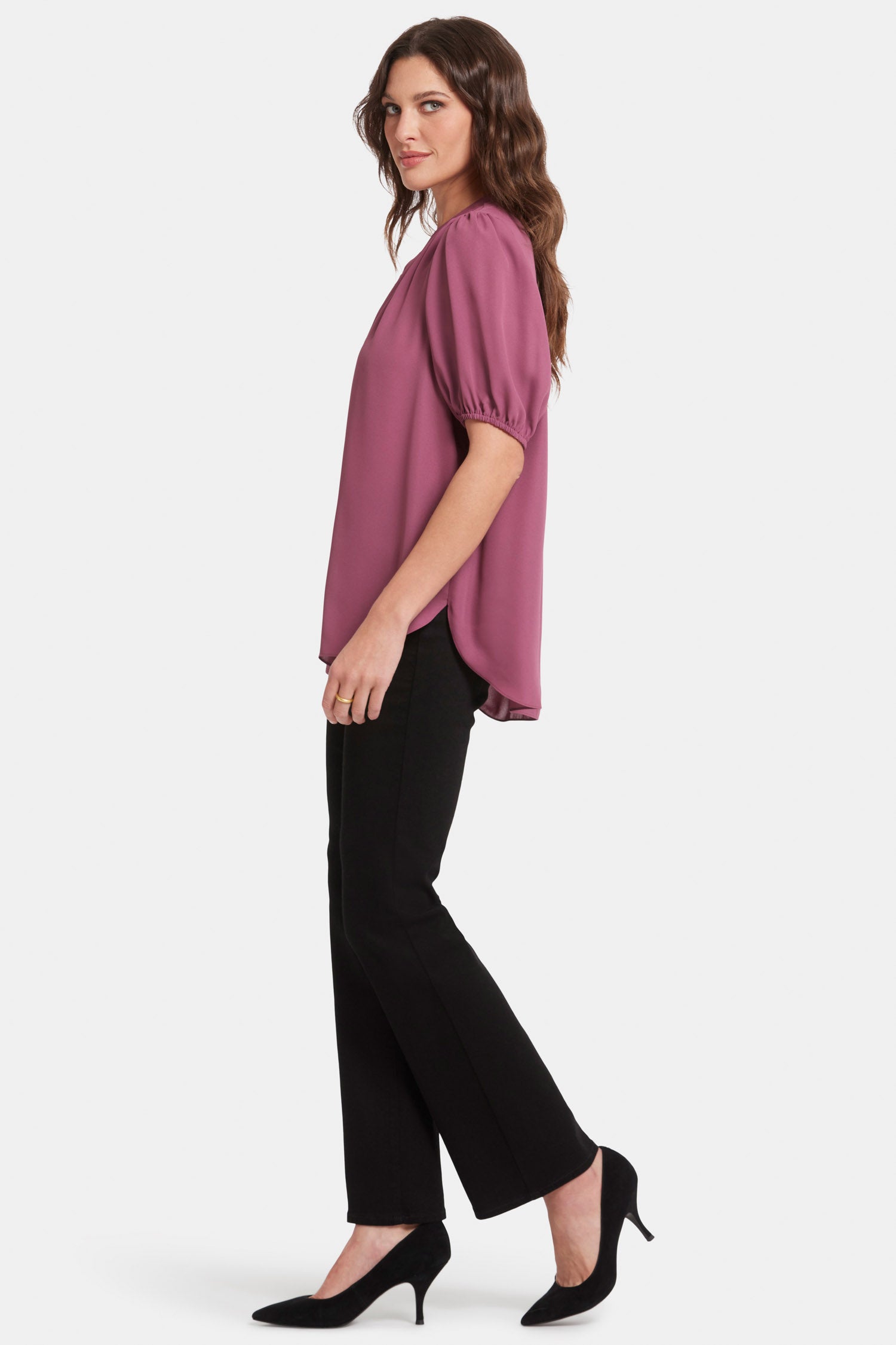 Short Puff Sleeve Popover Top - Crushed Berry Solid Colors