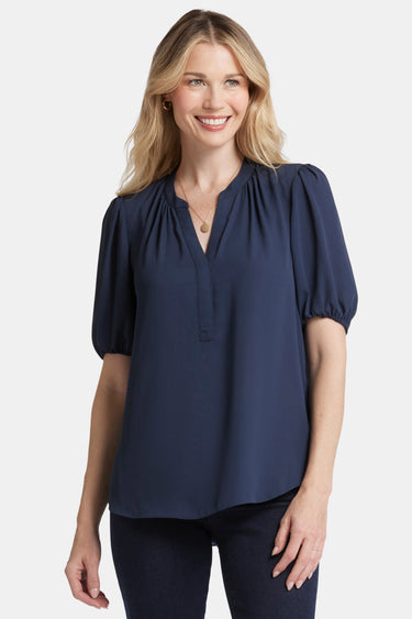 NYDJ Short Puff Sleeve Popover Top  - Oxford Navy