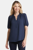 NYDJ Short Puff Sleeve Popover Top  - Oxford Navy