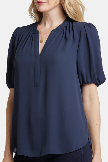 NYDJ Short Puff Sleeve Popover Top  - Oxford Navy
