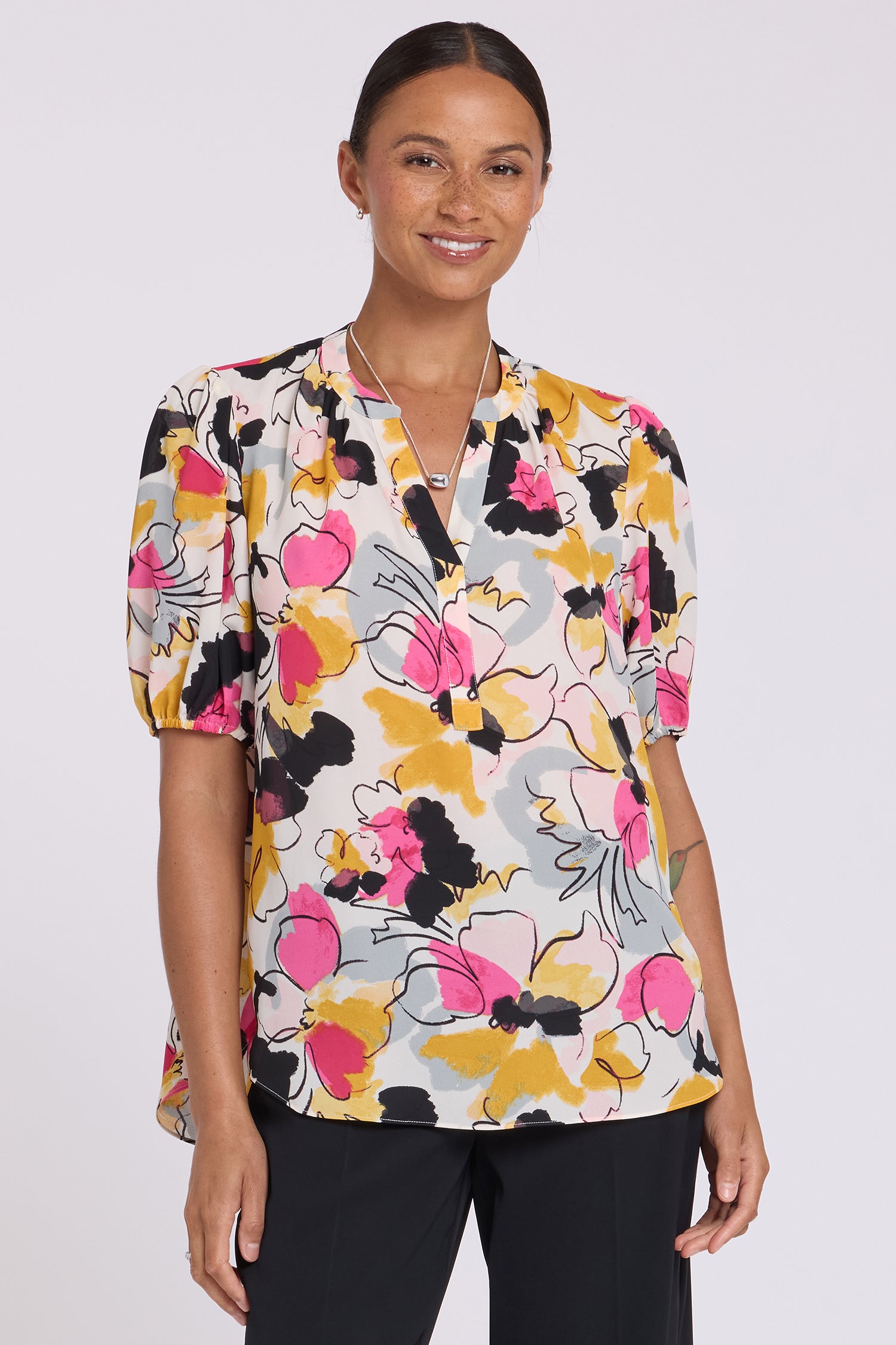 Short Puff Sleeved Popover Top - Floral Ballet Multi | NYDJ