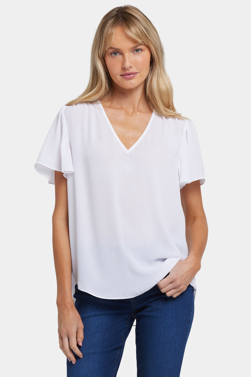 NYDJ Pleated Flutter Sleeved Blouse - Optic White