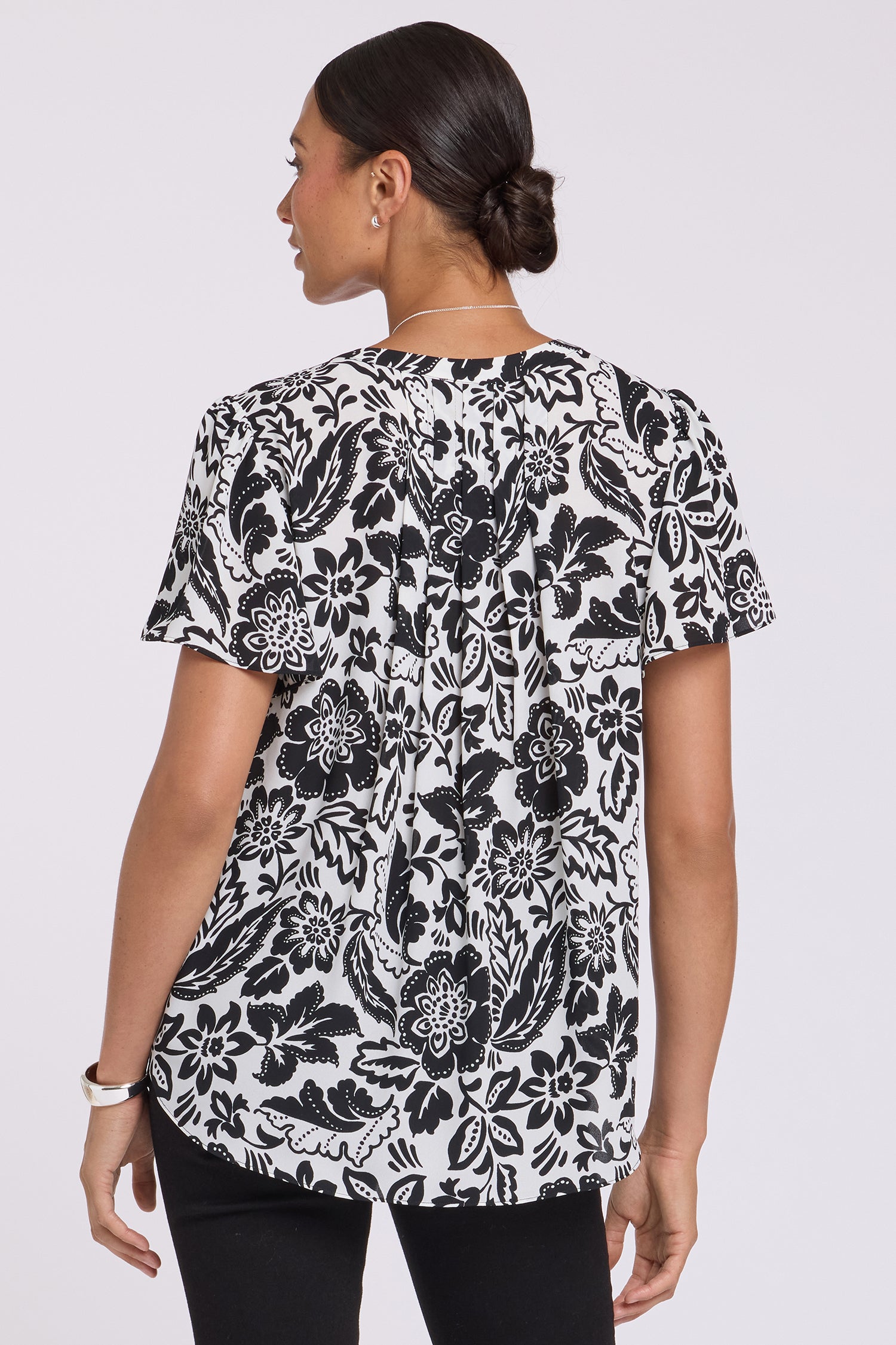 Pleated Flutter Sleeved Blouse - Palm Royale Black | NYDJ