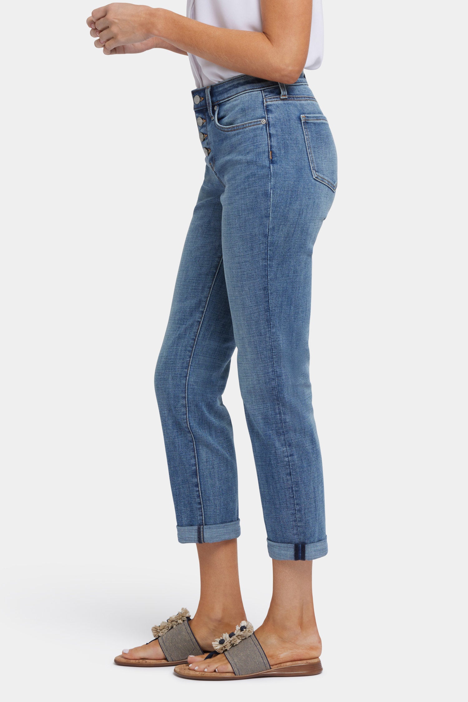 Sheri Slim Ankle Jeans With Exposed Button Fly And Roll Cuffs