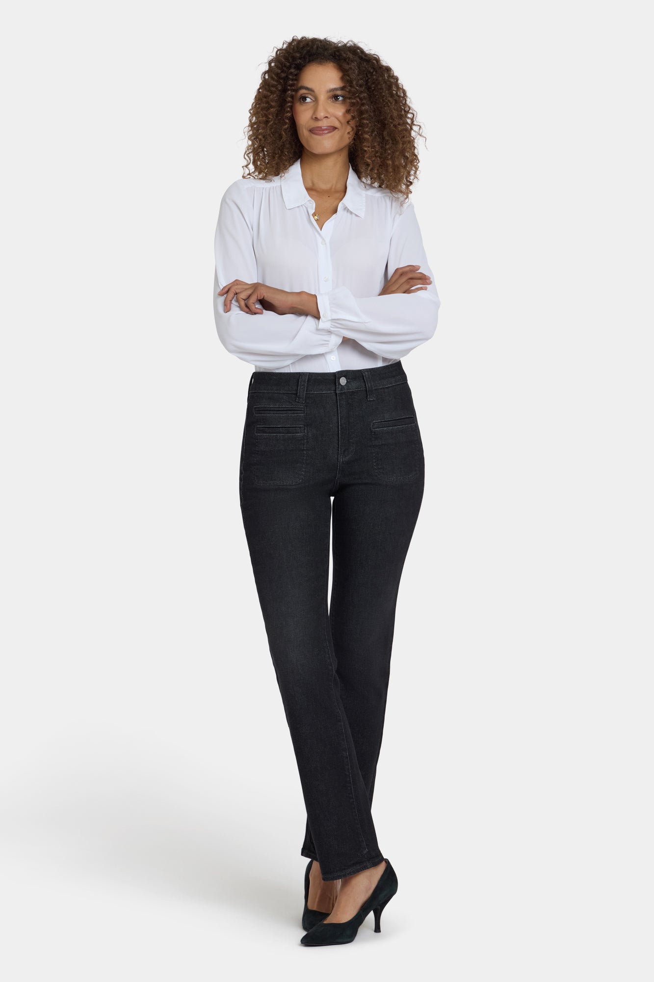 NYDJ Marilyn Straight Jeans With High Rise, Utility Welt Pockets And 31