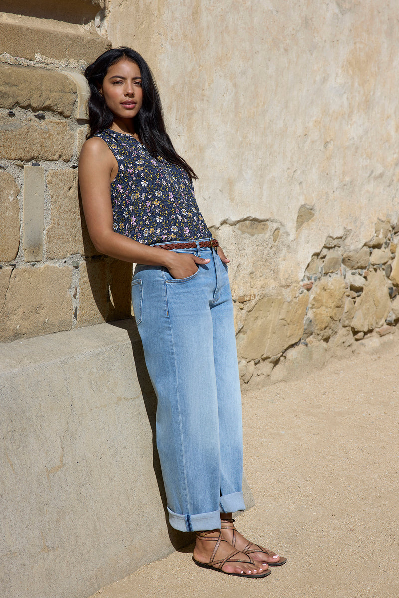 NYDJ Renee Baggy Wide Leg Jeans With Drop Waist And Roll Cuffs - Santiago Sea