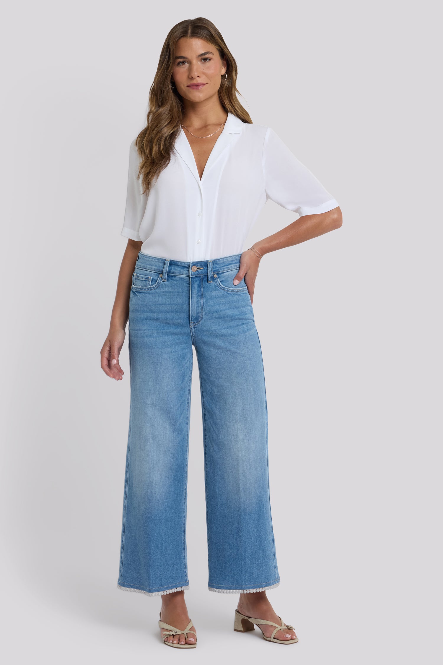 Brodi Wide Leg Ankle Jeans With High Rise And Crochet Trim Hems