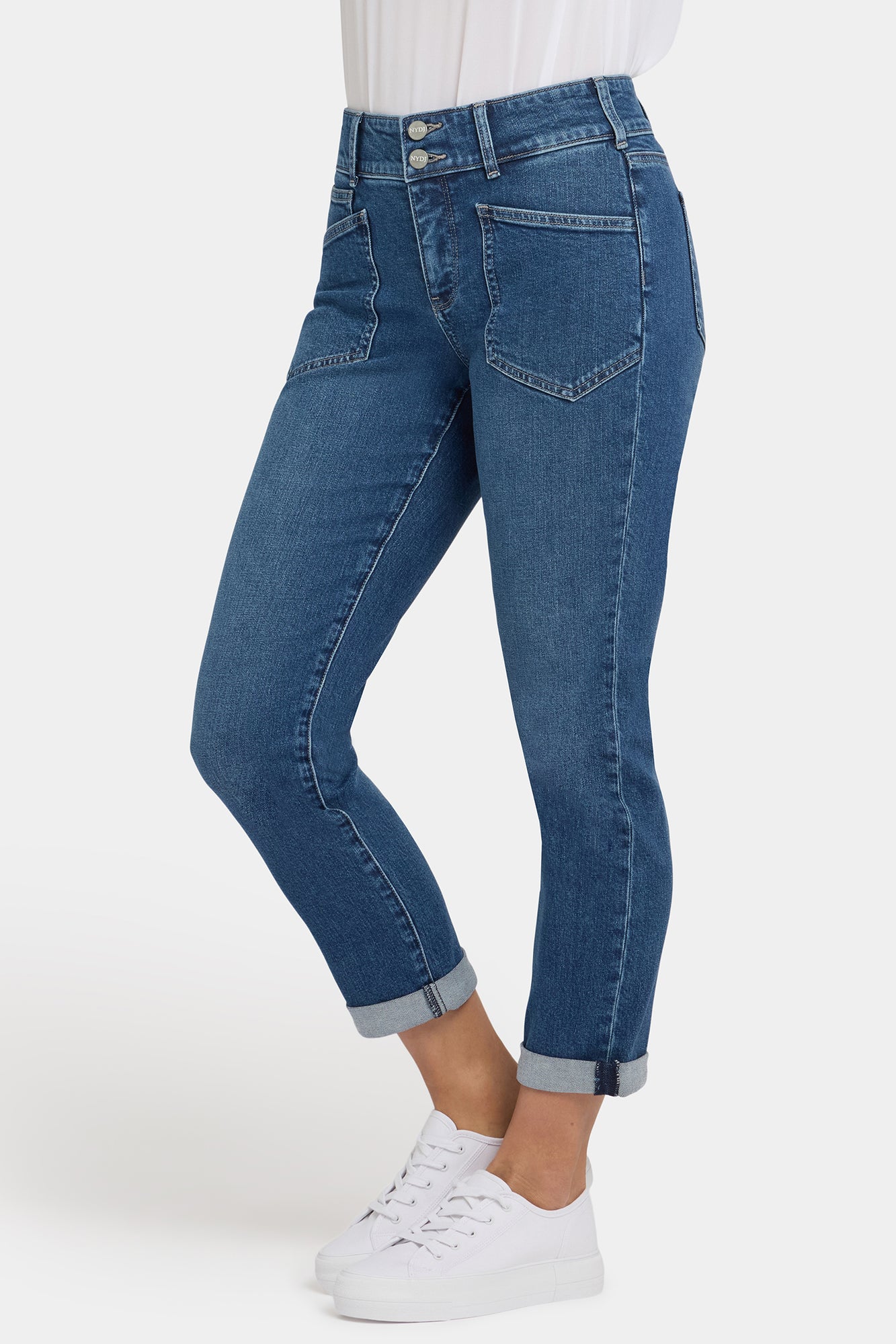 NYDJ Margot Girlfriend Jeans With Double-Button Waistband, Utility Pockets And Roll Cuffs - Lake Notre-Dame