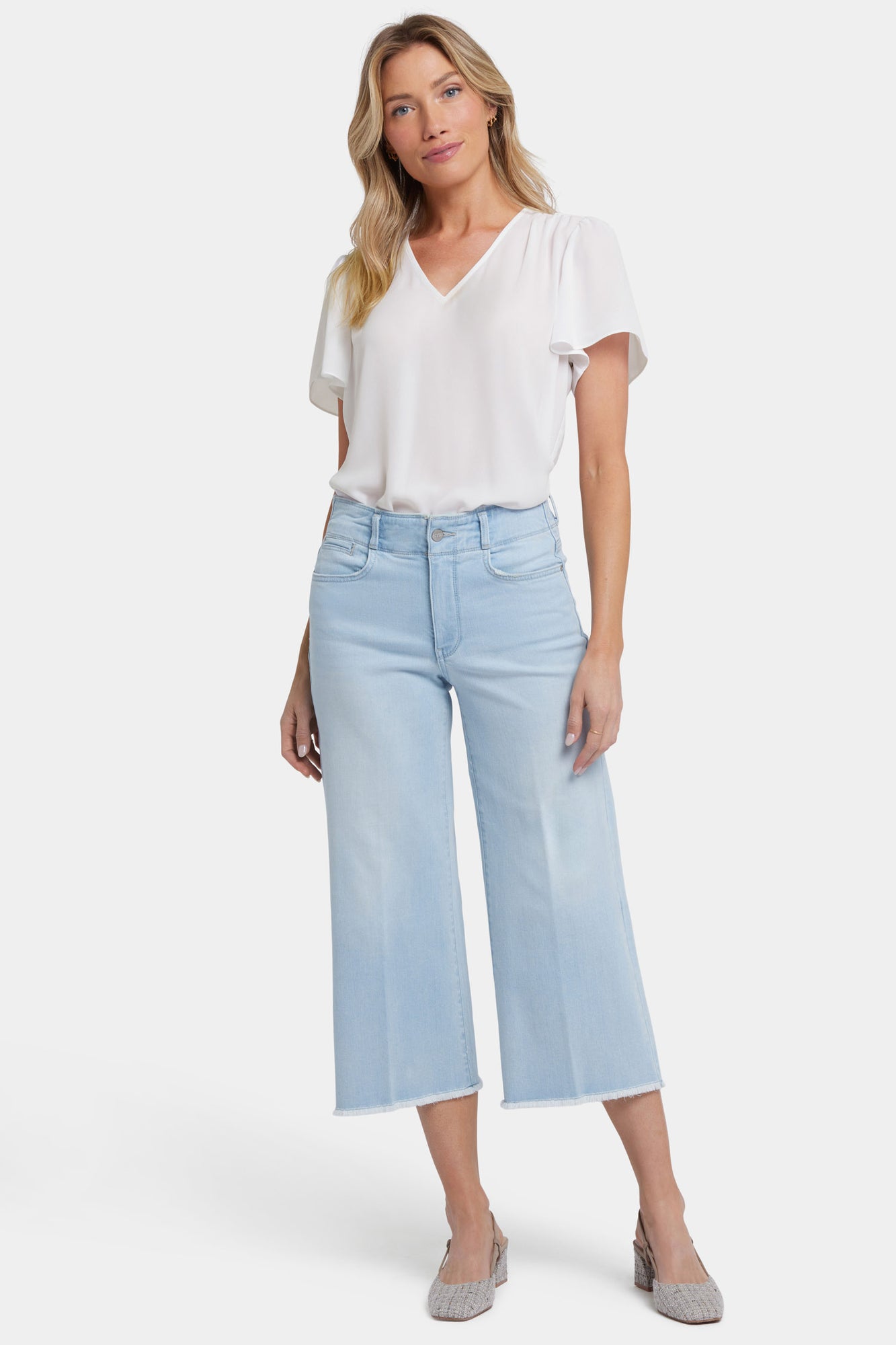 NYDJ Brigitte Wide Leg Capri Jeans With High Rise And Frayed Hems - Clear Waters