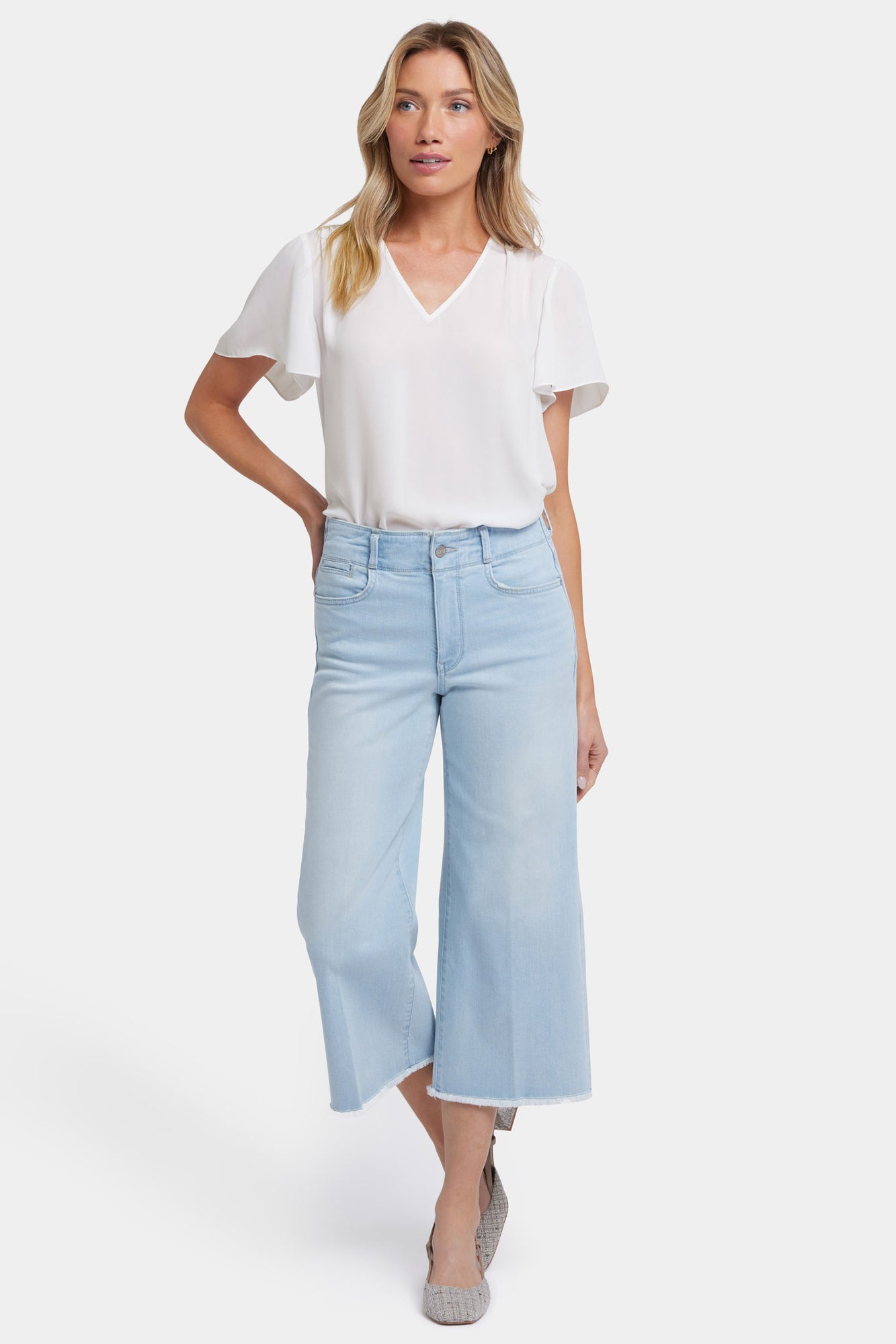 NYDJ Brigitte Wide Leg Capri Jeans With High Rise And Frayed Hems - Clear Waters