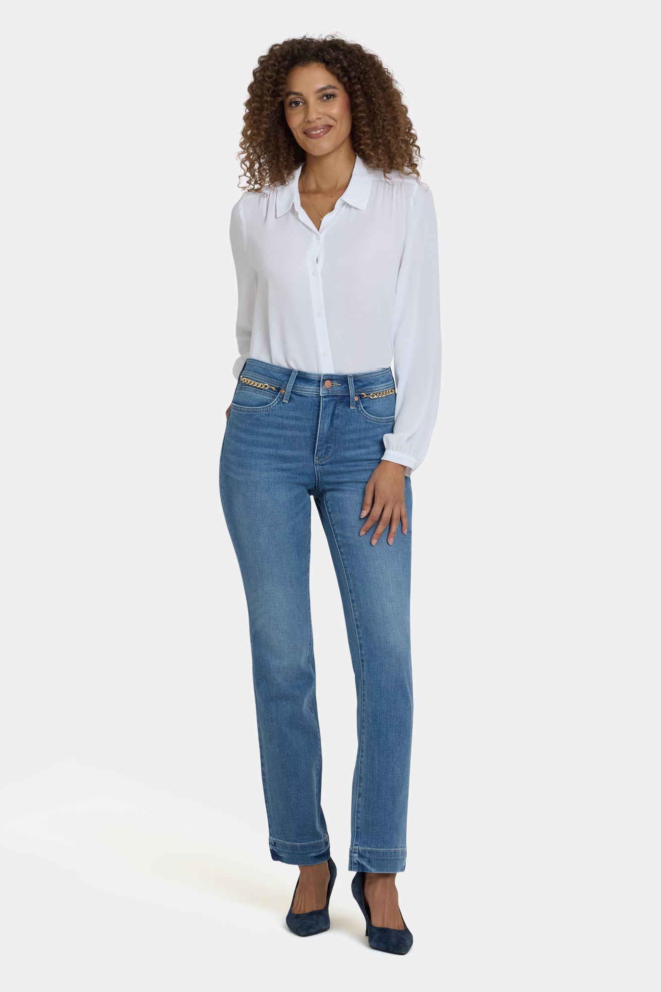 NYDJ Marilyn Straight Jeans With High Rise, Gold Chains And 31
