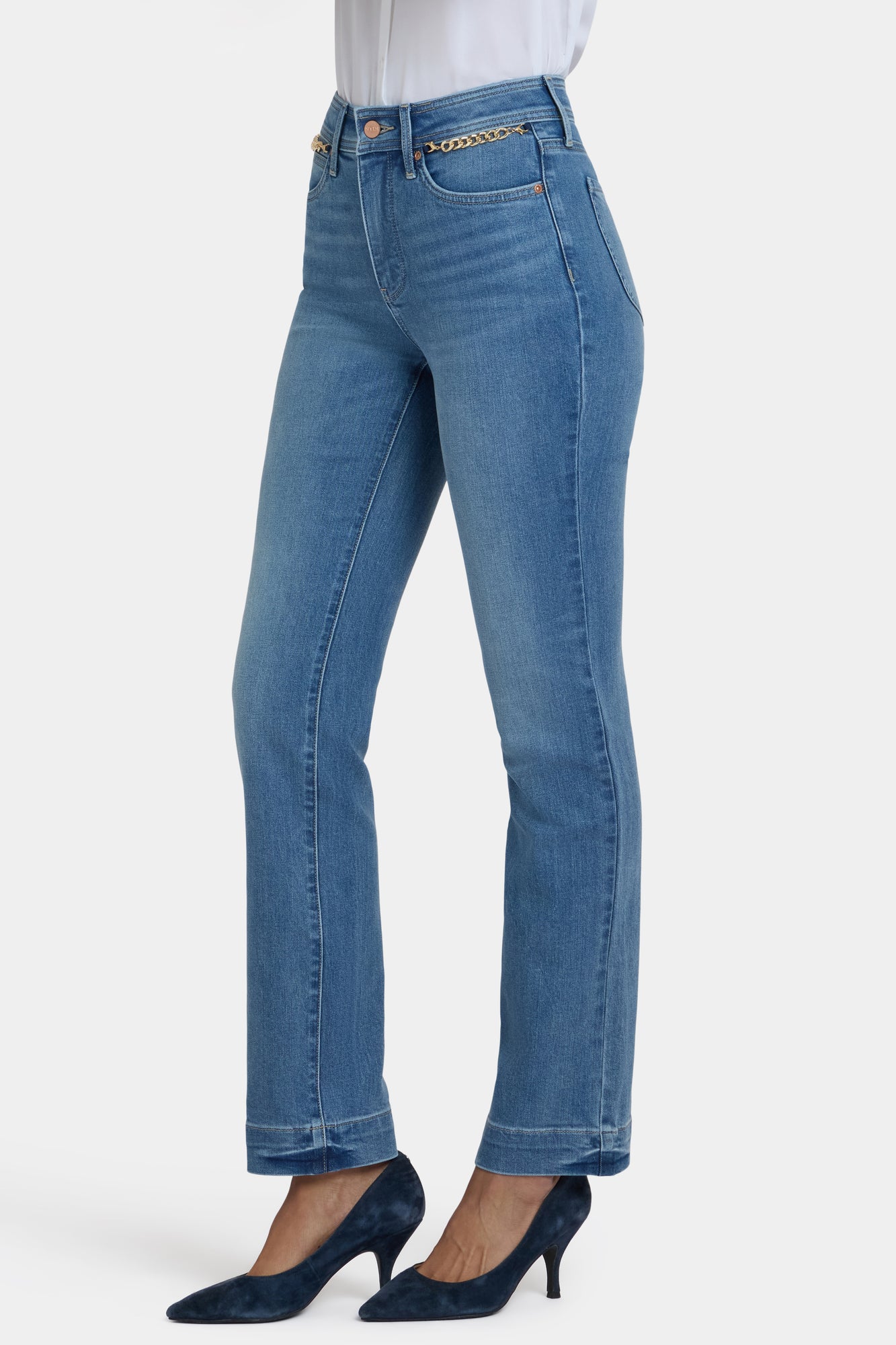 NYDJ Marilyn Straight Jeans With High Rise, Gold Chains And 31