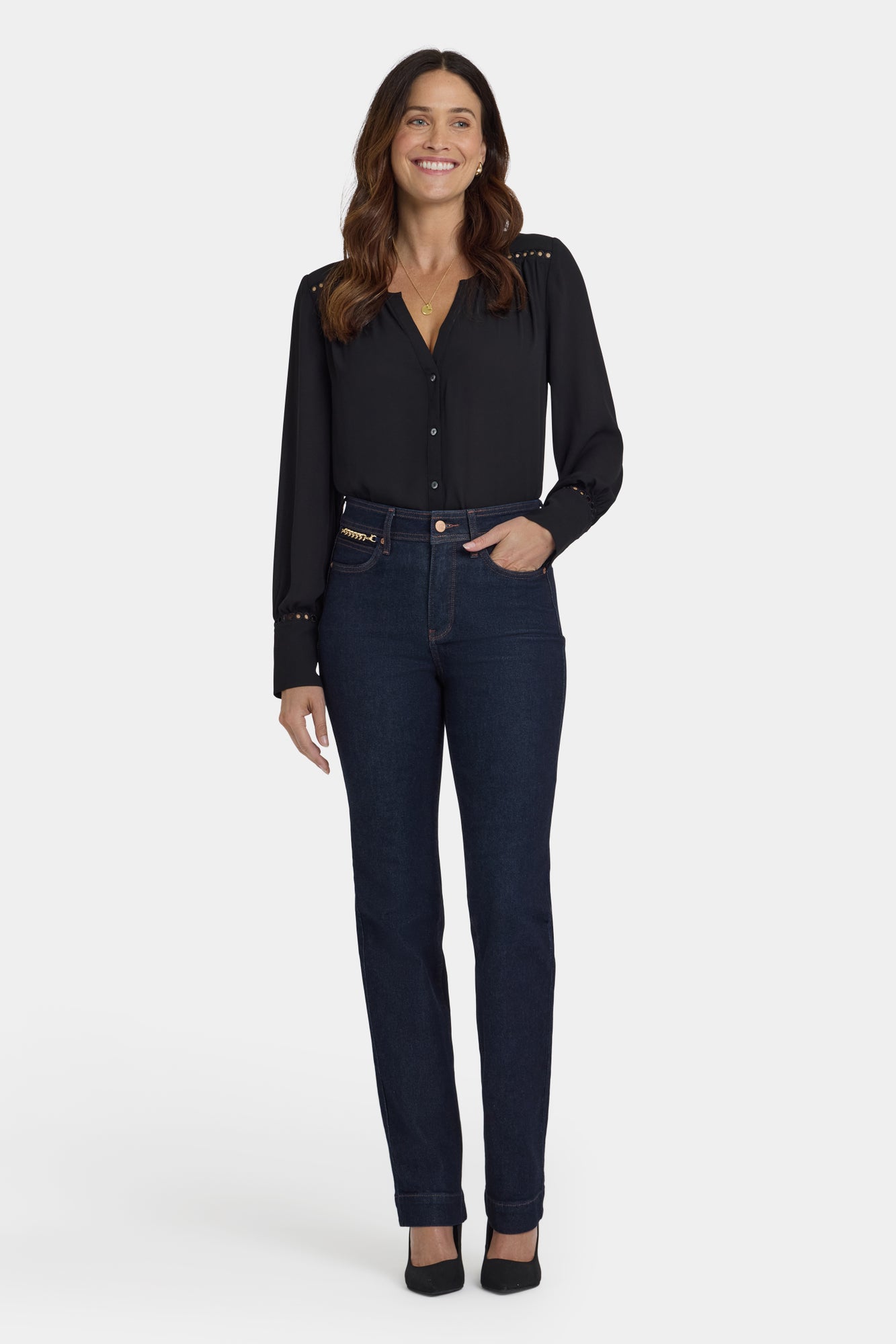 NYDJ Marilyn Straight Jeans With High Rise, Gold Chains And 31