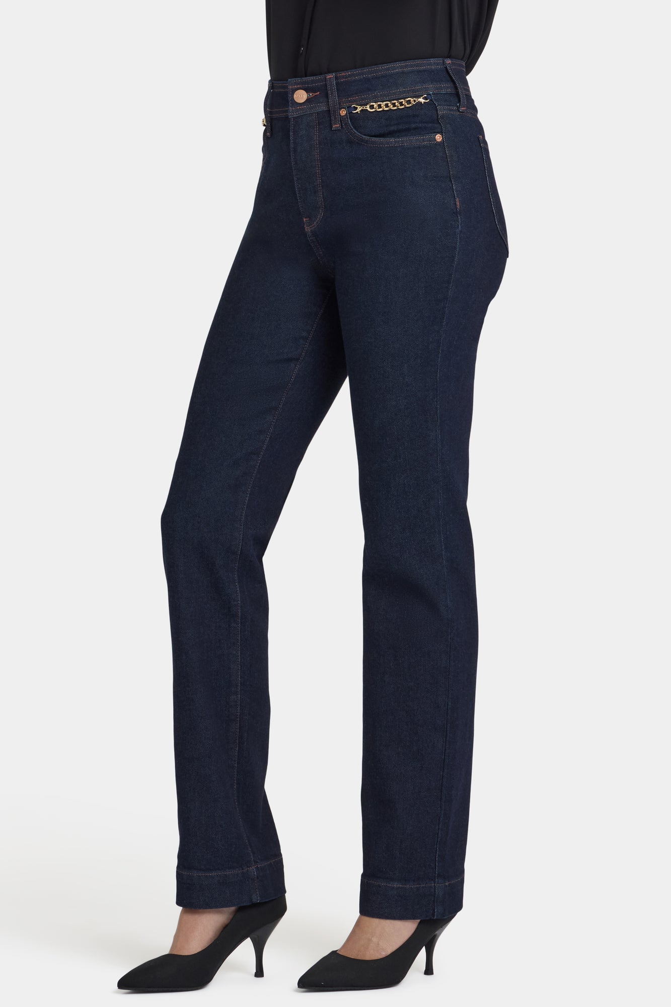 NYDJ Marilyn Straight Jeans With High Rise, Gold Chains And 31