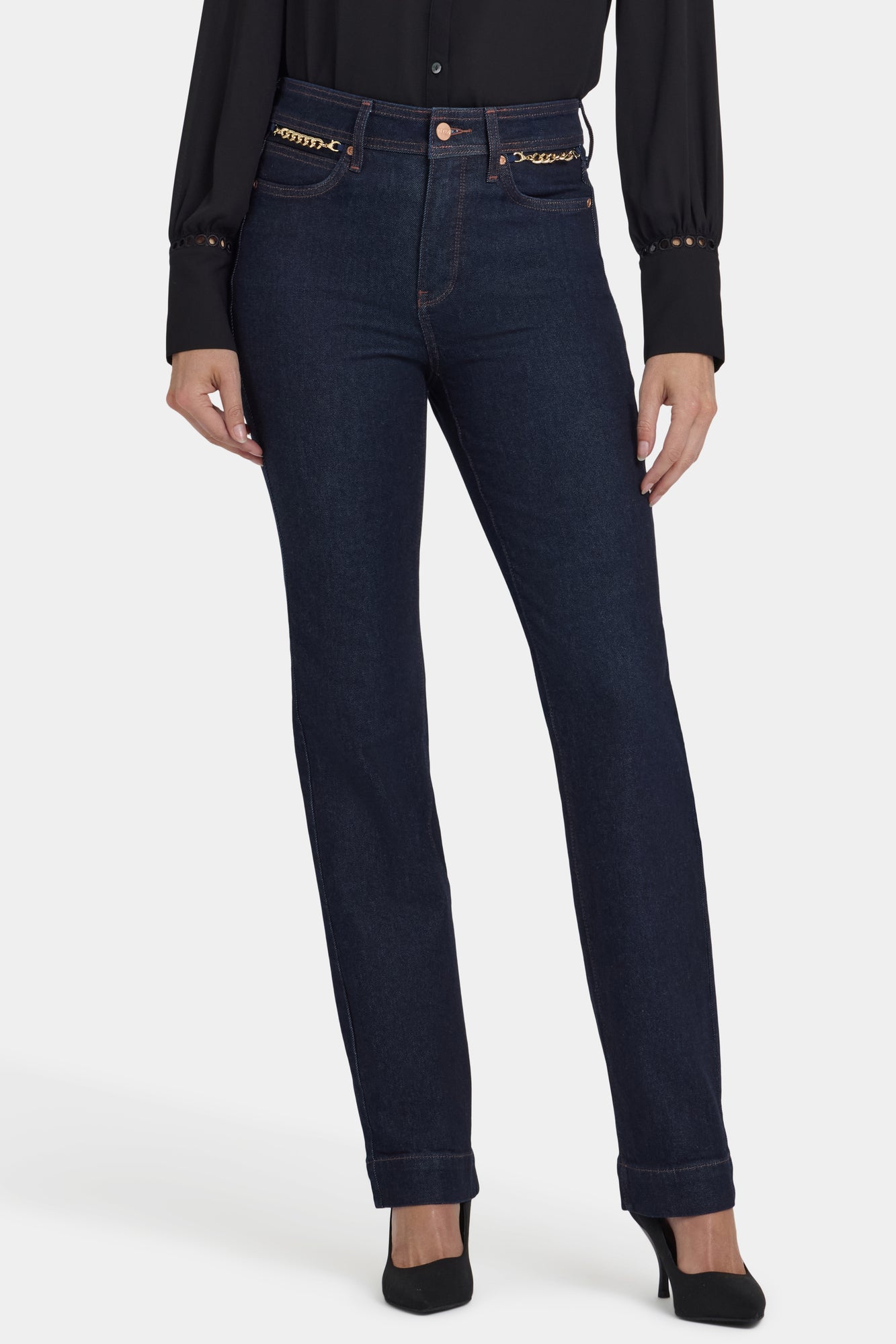 NYDJ Marilyn Straight Jeans With High Rise, Gold Chains And 31